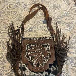 Brown and Black Fringed Women's Bag